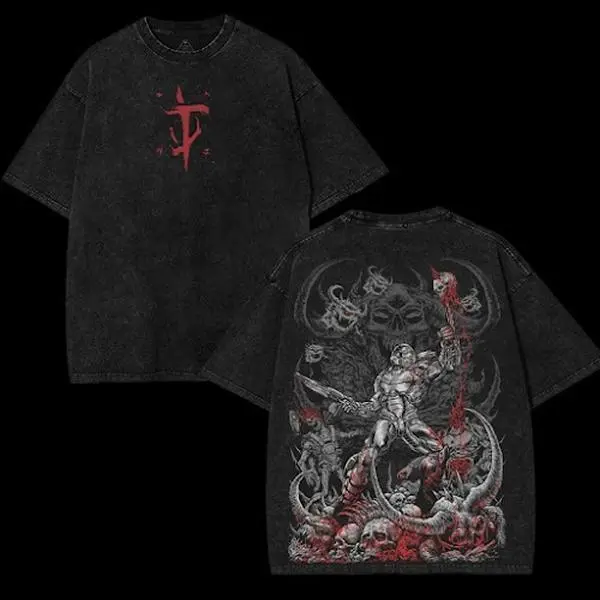 Doom The Dark Ages Eternal V2 Doom SlayerWashed Cotton T Shirt Two Sided GraphicTee Vintage Streetwear Casual Soft TopUrban Daily Wear Retro Gamer ApparelAction FPS RPG Gaming Merch Classic Fit Teefor Men Women