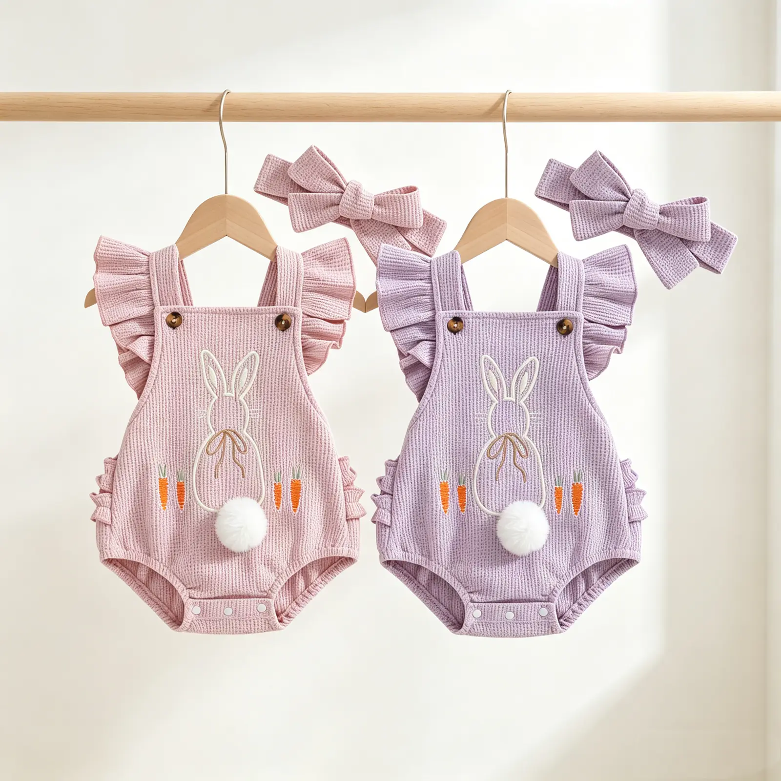 Baby Girls Rompers Bunny Carrot Embroidery Fly Sleeve Frills Backless Summer Toddler Easter Clothes Bodysuits with Headband