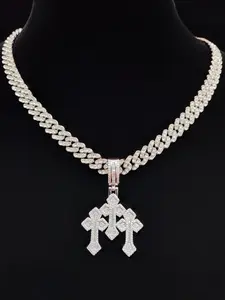 Artificial Zircon Cross Pendant Necklace with 9mm Cuban Chain, Men Women Hip Hop Punk Jewelry, Fashion Vintage Accessory for Daily Wear or Party, Icy Cross Necklace