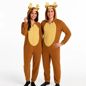 Adult Reindeer Fleece Jumpsuit with Hood - L/XL Size