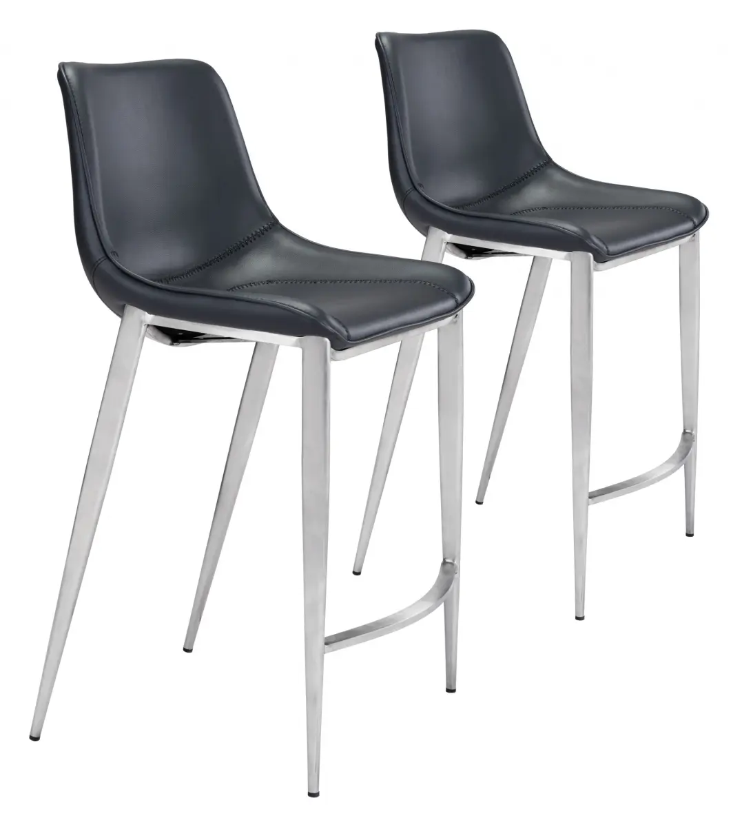 212 MAIN Modern Stitch Bucket Seats Counter Stools - Set of 2, Black Faux Leather, Steel Frame, 285lb Weight Capacity, Set Of Two