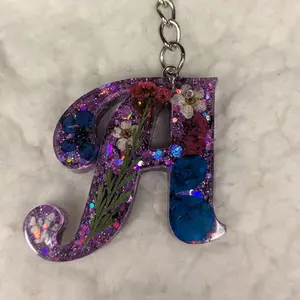 Letter Keychain in Purple with Pressed Flowers - Sparkly Design & Chain Attachment