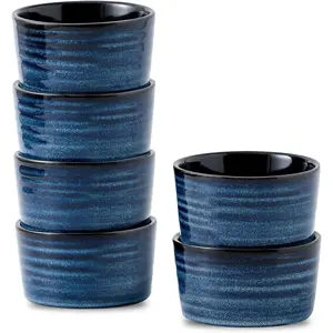 4 oz Ceramic Ramekins Set of 6, Small Souffle Dishes Mini Baking Bowls, Porcelain Dipping Sauce Cups for Creme Brulee Pudding Ice Cream Lava Cakes, Microwave & Oven Safe, Blue