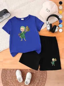 Boys Summer Anime Cartoon Short Sleeve Shorts Set, Pirate King Zoro Print Round Neck T-Shirt, Loose Sport Pants, Casual Two-Piece