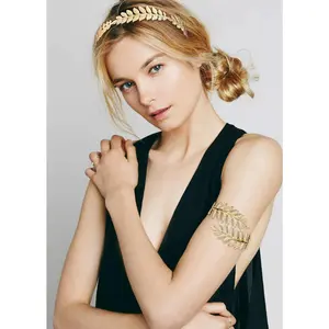 Greek Goddess Accessories Gold Plated Leaf Headband Arm Cuff Set Adjustable Toga Halloween Costume Jewelry Crown Armlet for Women Party Wedding