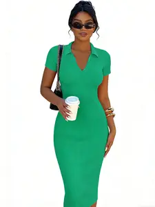 A women's solid-colored, Minimalist polo collar fitted midi dress that combines a figure-flattering silhouette with vibrant, eye-catching colors, suitable for casual occasions such as daily outings, coffee shop visits, afternoon tea with friends