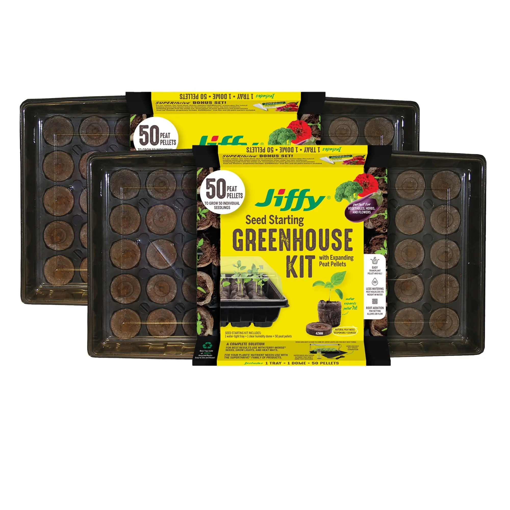 Jiffy Seed Starter Tray Kit, 50 Cell 42mm Peat Pellets, 2 Pack, 100 Pellets Total