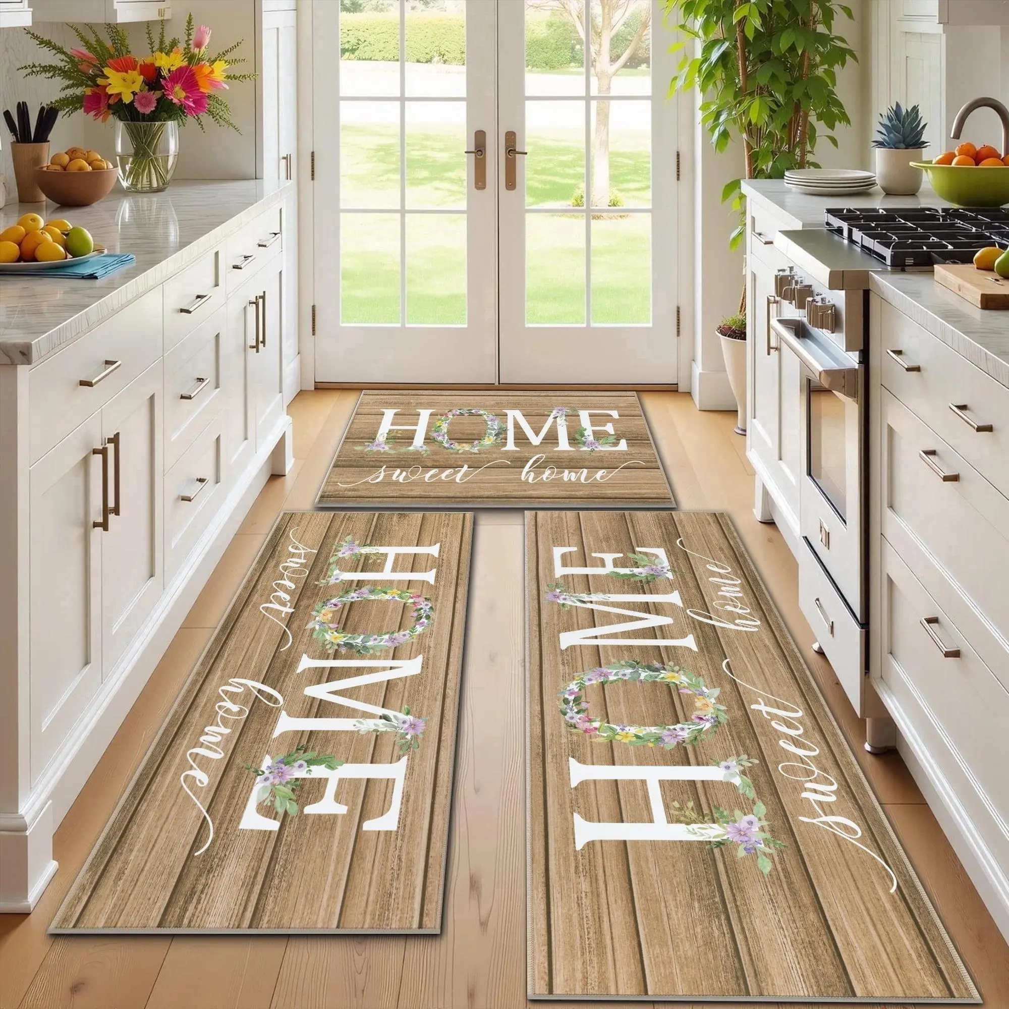 3PCS Brown Farmhouse Kitchen Rugs Set, Non-Slip Machine Washable Floor Mats, Low Profile Kitchen Runner Rugs for Sink, Laundry Room & Home Decor,gym,art,stair,geometric,plai,Halloween,Pattern,Cuttable area rugs,Soccer Mascot kitchen rugs,Skeleton,trade