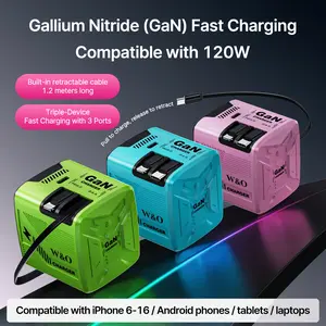 W&O 3-in-1 GaN Charger | Compatible with 120W Super Fast Charging | 1.2m Retractable Dual Cables (Lightning + USB-C) & Extra USB-C Port | Foldable Wall Plug | Multi-Device Universal Travel Power Adapter
