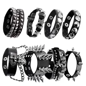 8pcs Punk Gothic Faux Leather Bracelet Set, Studded Spiked Star And Heart Wristbands, Adjustable Street Style Unisex Jewelry, Festival Gift, For Teenager