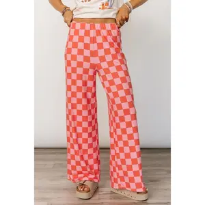Checkmate Pants - Slushie Mid-rise Elastic Waistband Wide Leg Fit Pink Orange Checkered Print Women's Trousers