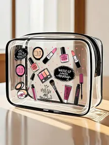 Skincare Pattern Print PVC Toiletry Bags, PVC Travel Organizer Pouch With Zipper Closure, Lightweight Fade-Resistant Makeup & Toiletry Bag For Women & Girls, Portable Cosmetic Case, Makeup Storage Bag, Easy Wipe-Clean Design, Cosmetic Bag For Mother