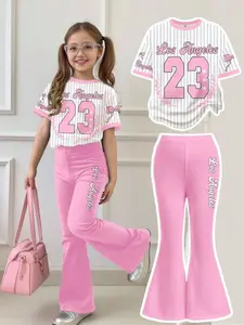 Teen Girls' Two-Piece Set with Bright Bow Striped Letter and Butterfly Print Short T-Shirt, Casual Loose Flared Pants for Summer