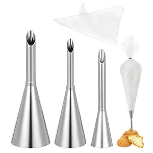 Piping Tip Set Cream Filling Nozzles 3pcs Stainless Steel for Puffs and Cupcakes with Long Bismarck Tips Minimalist Style for Home Kitchen Baking and Dessert Decorating