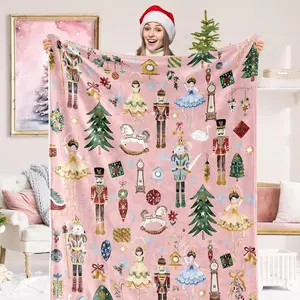 Christmas Fuzzy Blanket Pink Nutcracker Throw Blanket 50 x 60 Inch Cartoon Xmas Flannel Blanket for Winter Home Chair Sofa Bed Couch