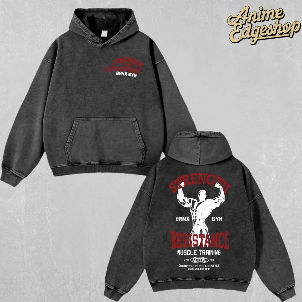 Retro Vintage Gym Strength Resistance Oversized Washed Hoodie & T-Shirt, Unisex Heavyweight Cotton Graphic Tee Top, Bodybuilding Fitness Streetwear Outfit, Gift for Him & Her Workout Lovers