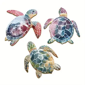 Wooden Turtle Wall Sculpture Set of Three, Artistic Decorative Coastal Theme for Living Room, Indoor and Outdoor Use