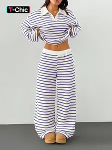 2-piece women's Casual loose striped V-neck dropped shoulder long-sleeved T-shirt and elastic waist striped pants autumn and winter knitted suit