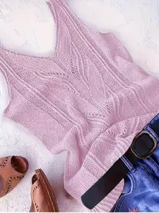 Women's V Neck Polka Dot Knit Vest Top, Sexy Sleeveless Crochet Sweater Vest, Bohemian Hollow Out Lace Up Tank, Perfect for Summer and Vacation