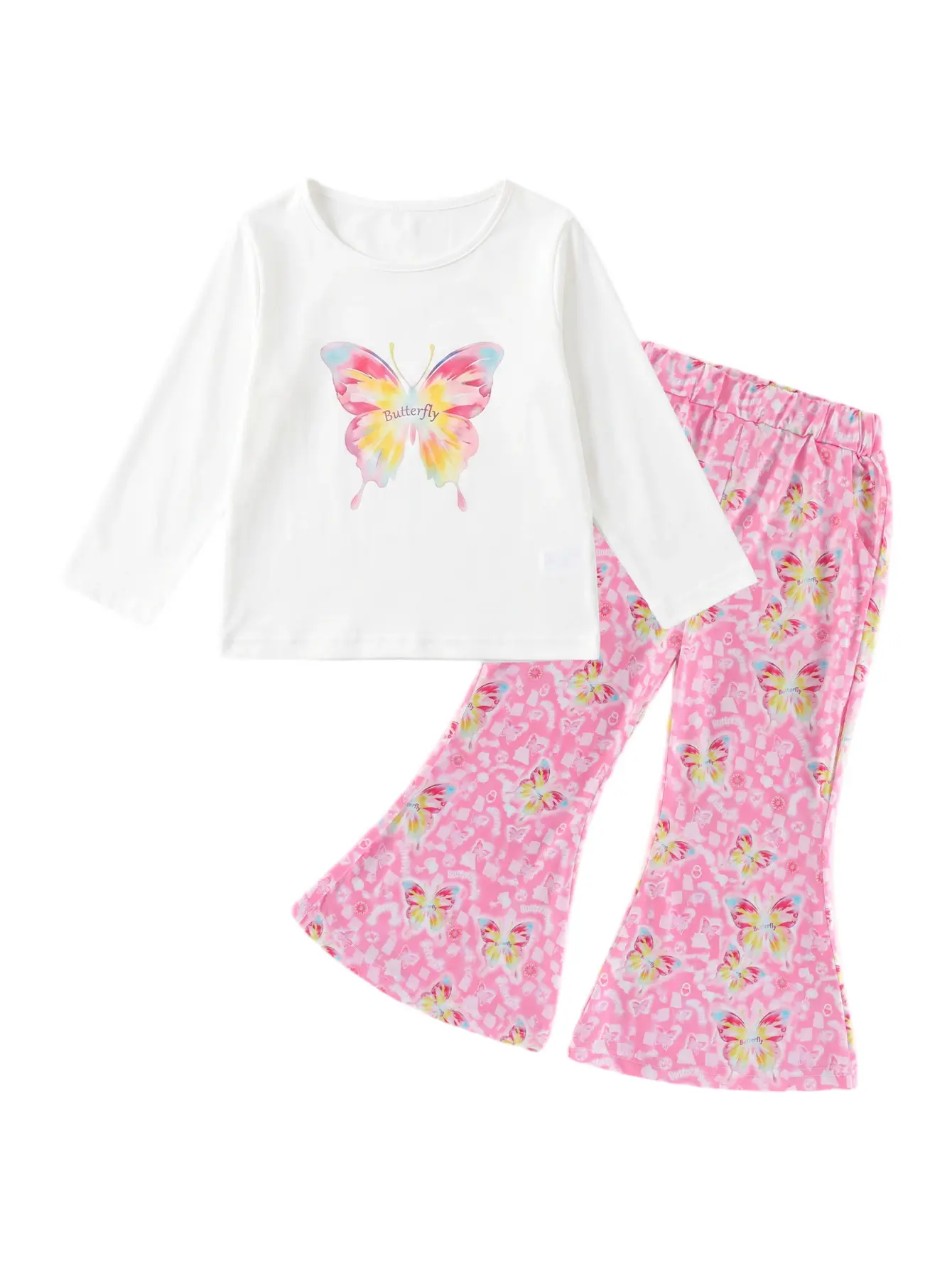 Kids Girls Butterfly Graphic Matching Set, Crew Neck Long Sleeve Top with Butterfly Printed Flare Pants, Indoor & Outdoor Play Outfit