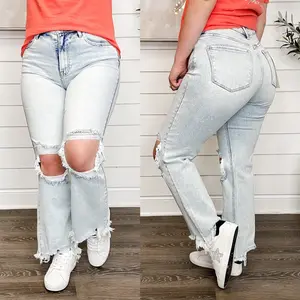 Risen Kristi Distressed High-Rise Straight Leg Cropped Light Acid Wash Blue Jeans