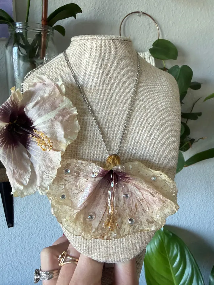 Handcrafted Unique Real Hibiscus Bloom Statement Necklace, Silver Jewelry with Crystal Bling, Resin Layer for Statement Wear