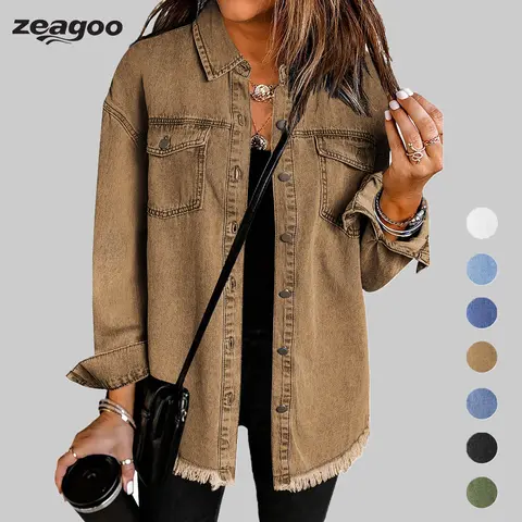 ZEAGOO Women's Oversize Ripped Tassel Cotton Button-Up Denim Jean Jacket - Casual Long Sleeve, 2-Pocket Carry, Soft Fabric, Work & Back to School Outfits, Clothes for Women,sohochic