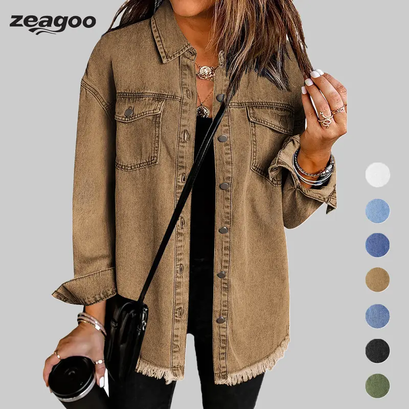ZEAGOO Women's Oversize Ripped Tassel Cotton Button-Up Denim Jean Jacket - Casual Long Sleeve, 2-Pocket Carry, Soft Fabric, Work & Back to School Outfits, Clothes for Women,sohochic