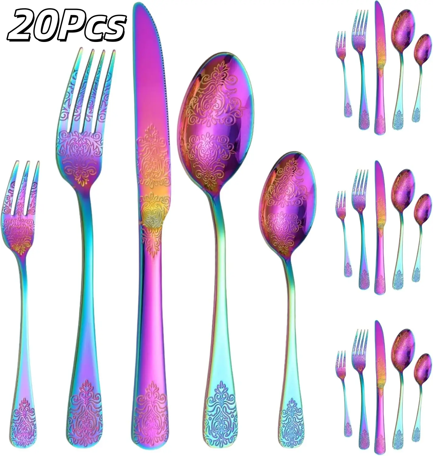 20pcs/30pcs stainless steel high-end patterned tableware set - includes knives, forks, and spoons, suitable for family restaurants, hotels, gatherings, weddings, and tableware, supporting dishwasher cleaning