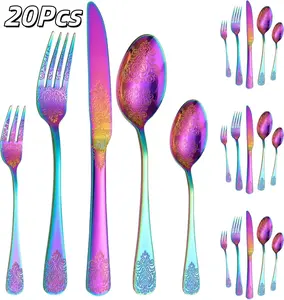 20 pcs stainless steel high-end patterned tableware set - includes knives, forks, and spoons, suitable for family restaurants, hotels, gatherings, weddings, and tableware, supporting dishwasher cleaning