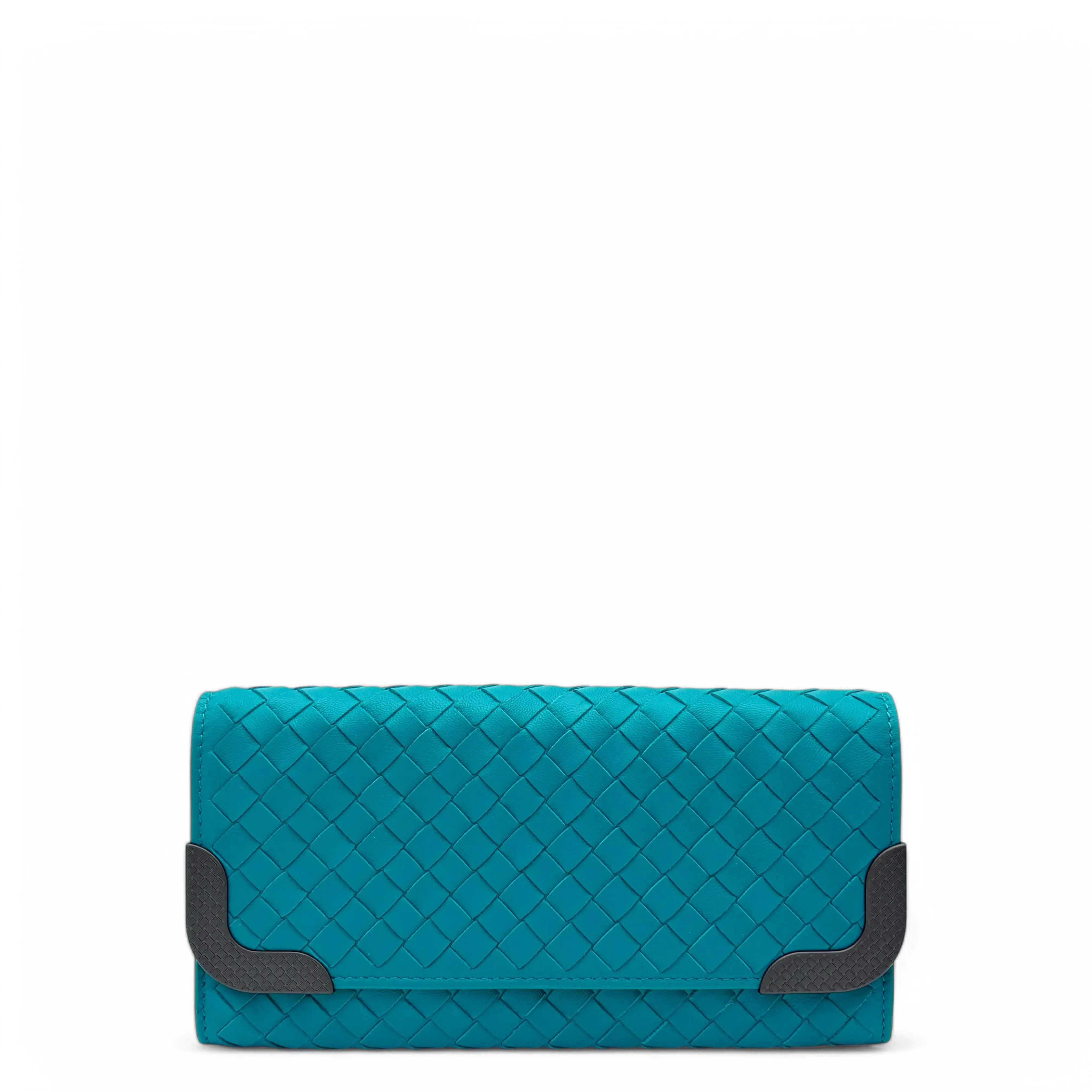 Pre-owned Bottega Veneta Leather Small Leather Goods Intrecciato Continental Flap Wallet Calfskin Blue (0318n4)