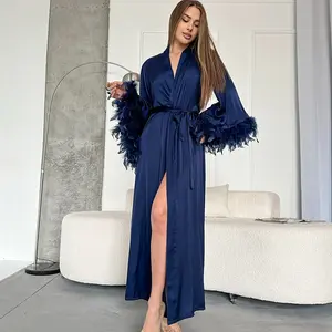 TikTok Viral!Feather Sleeve Robe - Satin Kimono Cover Up, Women's Luxury Loungewear & Pajama Set