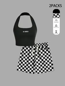 Women's Youthful Y2K 2-Pack Set, Be Yourself Slogan Halter Crop Top & Checkerboard Shorts, Breathable Moisture-Wicking Fabric, Trendy Streetwear