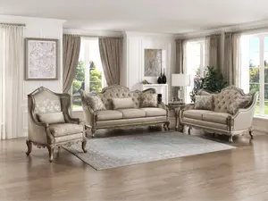 Homelegance 8412-SL 2-Piece Florentina Dusky Taupe Faux Silk Fabric Sofa & Love Seat Set with Wood Trim for Elegant Living Room
