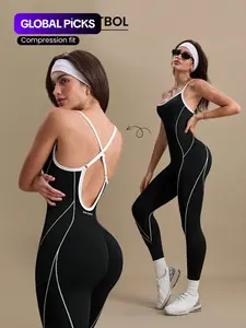 Women's Colorblock U Neck Adjustable Strap High Elastic Yoga Jumpsuit, Sporty Sleeveless Fitness, All Season Comfortable Wear, Workout Jumpsuit, Tummy Control Jumpsuit, Sporty Comfy Jumpsuit