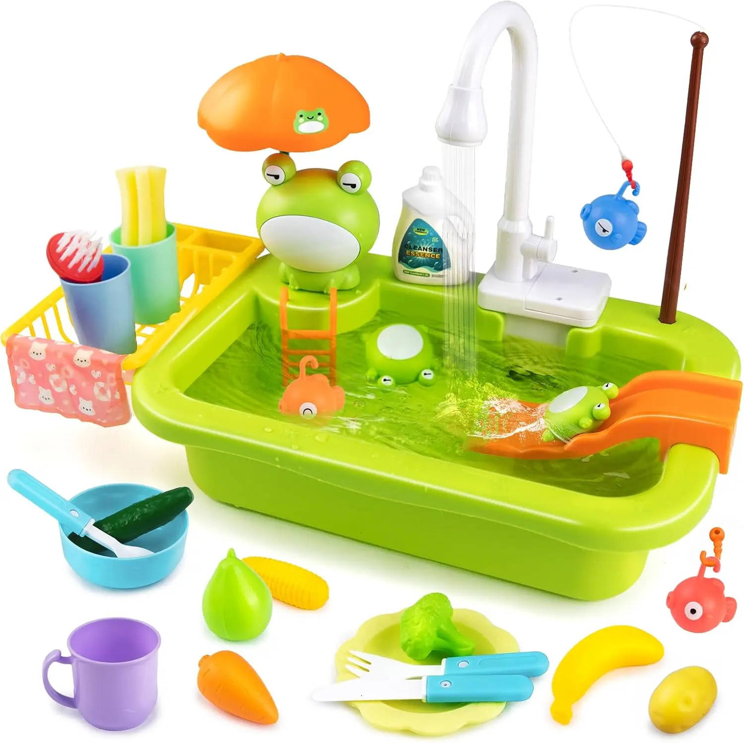 Play Sink with Running Water,Kids Sink Toy with Automatic Water Cycle System,Sink Fishing Game Toy with Food Kitchen Accessories,Kids Role Play Dress Up Dishwasher Toys for Boys and Girls Present summerwins