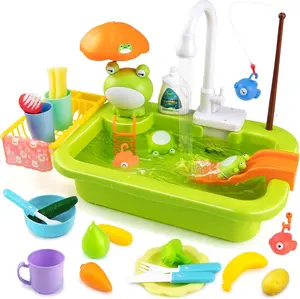 Play Sink with Running Water,Kids Sink Toy with Automatic Water Cycle System,Sink Fishing Game Toy with Food Kitchen Accessories,Kids Role Play Dress Up Dishwasher Toys for Boys and Girls Present summerwins
