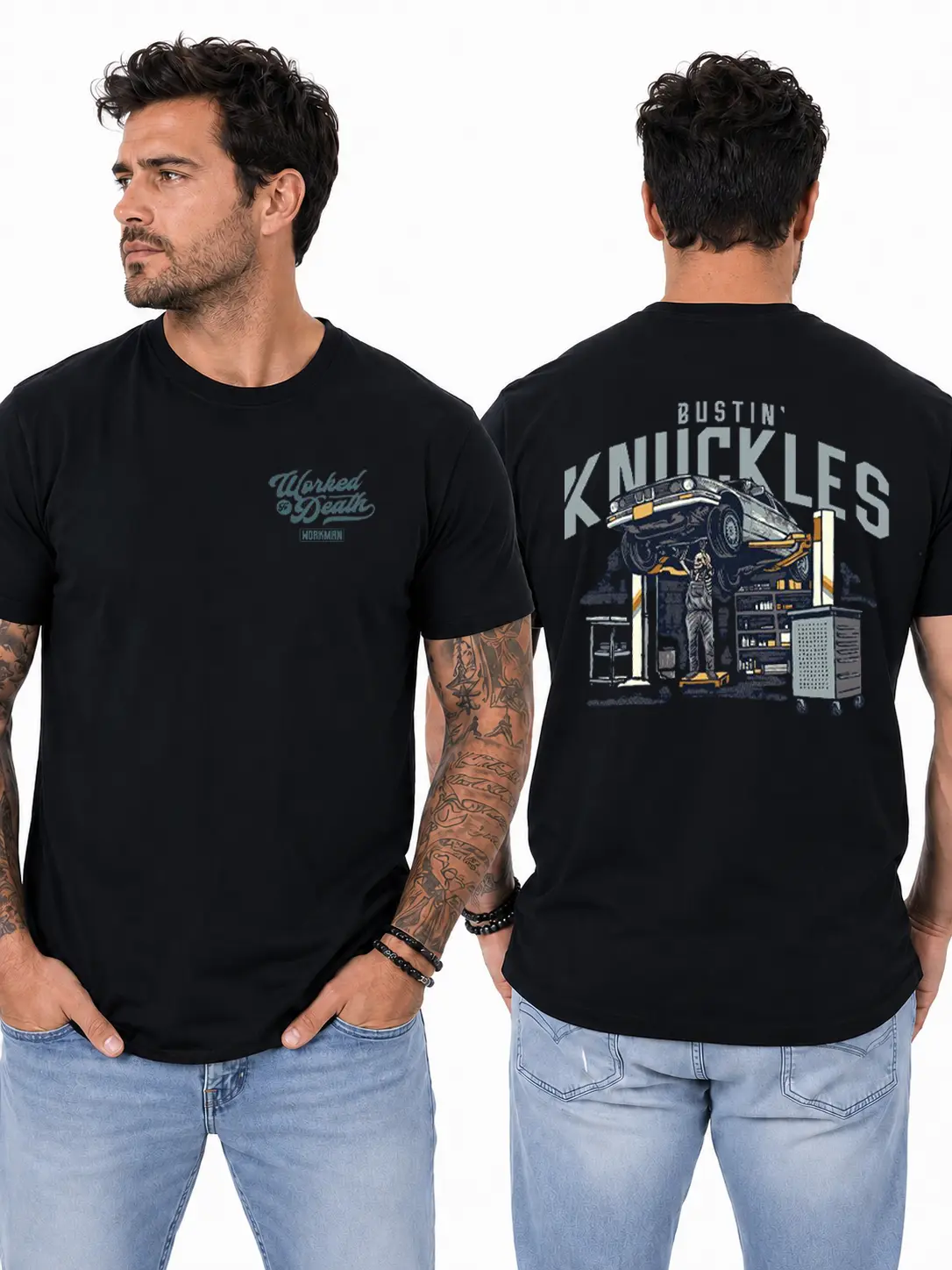 Bustin’ Knuckles Mechanic T-Shirt, Car Lift & Auto Repair Garage Graphic Design, Blue Collar Work Shirt for Mechanics & Automotive Technicians, Gift for Garage Workers or Car Enthusiasts