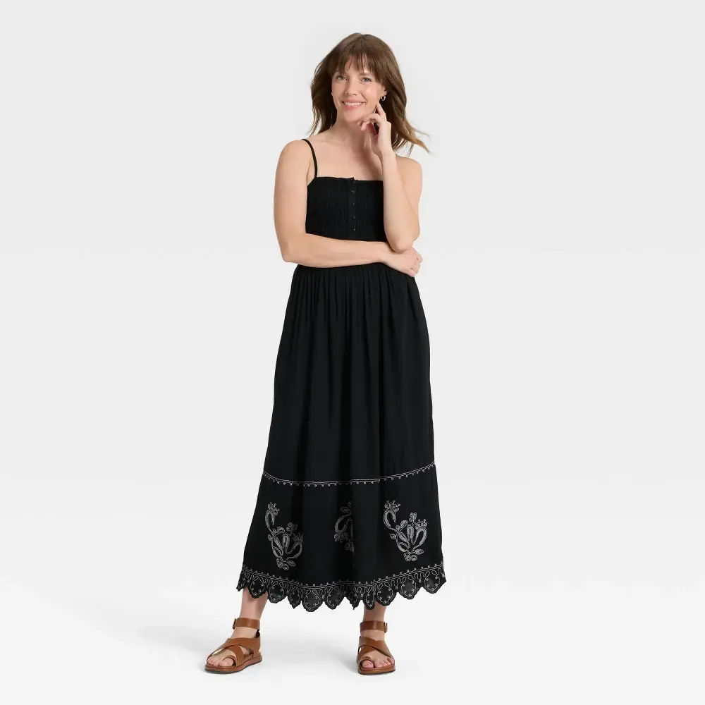Women's Button-Front Smocked Maxi Sundress - Universal Thread Black S