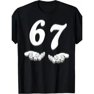 FEEGO Funny 67 Meme T-Shirt for & - 67 Number Joke Design with 6 & 7 Hands Print, 100% Cotton Soft Crew Neck Tee, Casual Gift Idea for Birthdays, Parties & Casual Attire (Black) Menswear Tops good  graphic  tees shirts  men