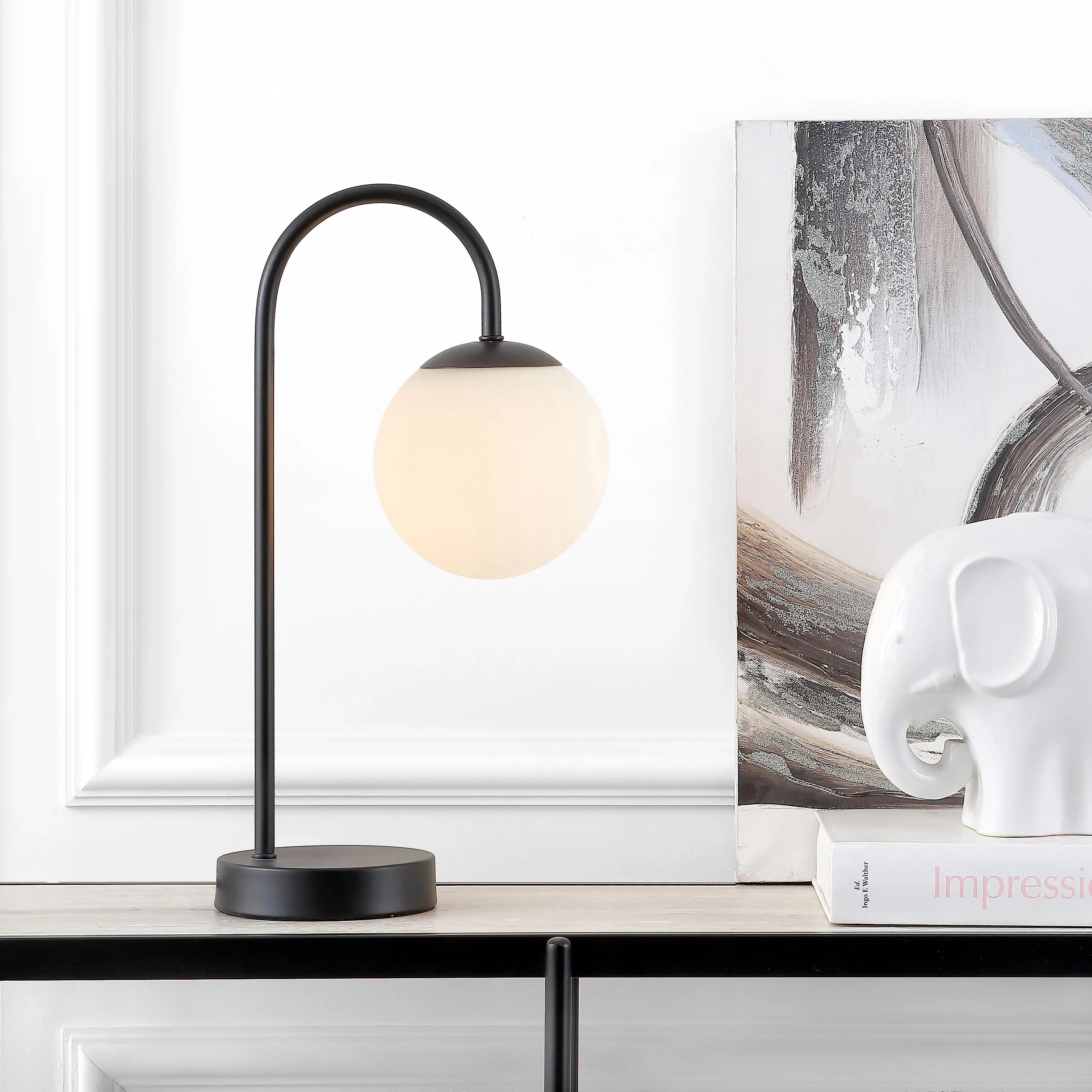 JONATHAN Y Arco Arched Metal Table Lamp 18.25" Globe Shade | Minimalist Mid-Century Style, Round Frosted Glass Feature, In-Line Switch, UL Listed, LED Bulb Included