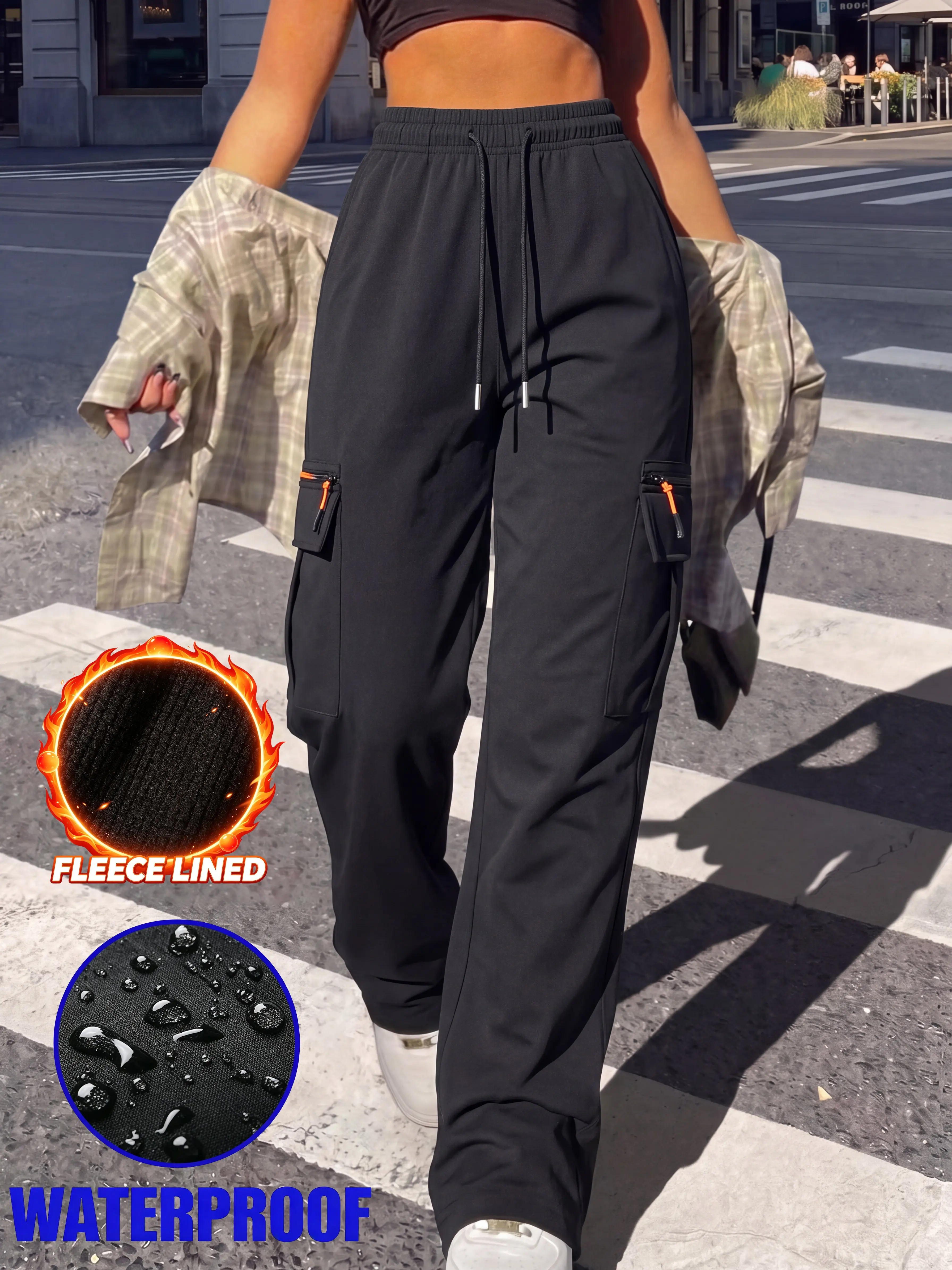 Clean Gent women’s waterproof, warm fleece cargo pants with zippered pockets, drawstring waist, multiple pockets, outdoor-style design; all-season athletic pants with a casual-and-professional dual-use fit, compatible with pocket/tool pouch design; suitab