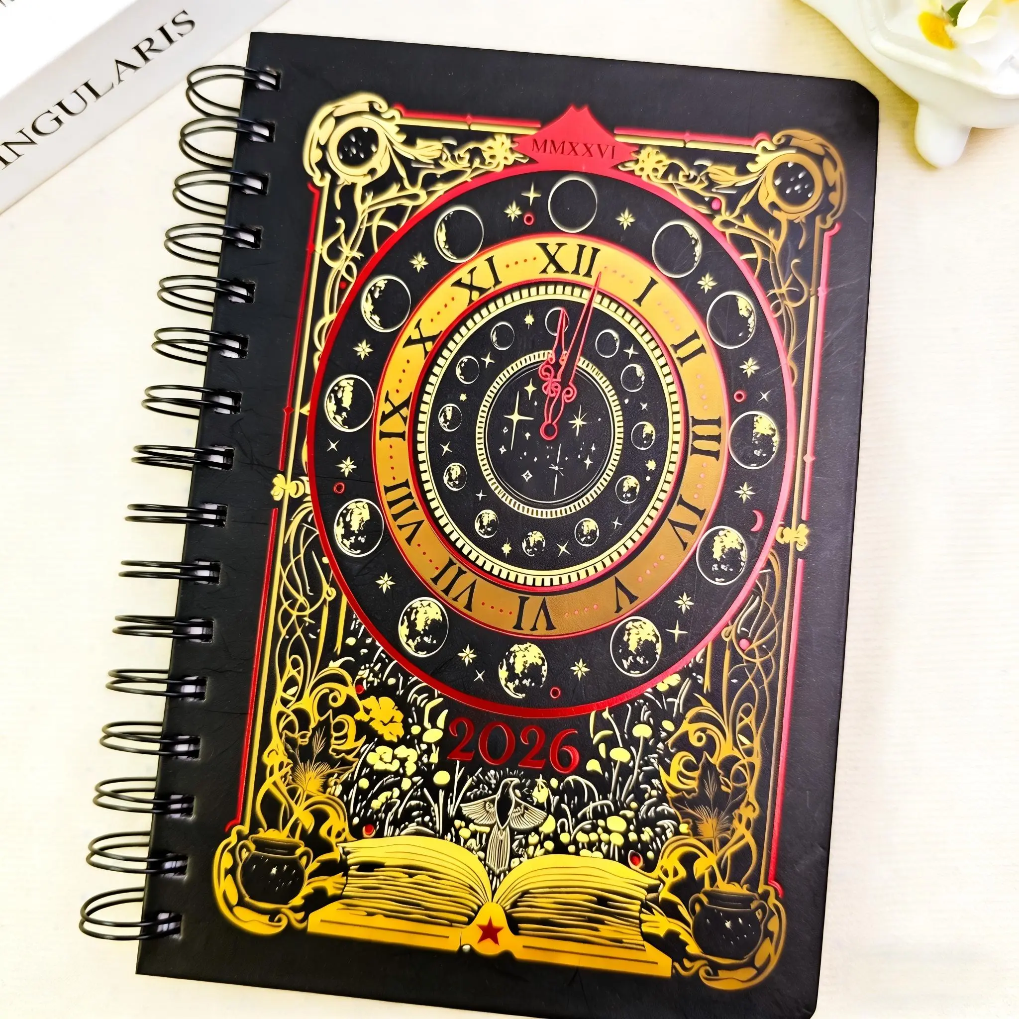 2026 Vintage Gothic Clock Astrology Spiral Notebook, A5 Celestial Moon Phase Tarot-Style Weekly/Monthly Planner Journal for Office, School, and Writing
