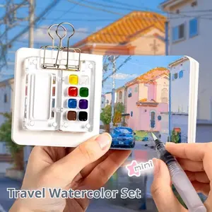 Mini Watercolor Paint Box Walnut Wood Case Portable Sketchbook Travel Drawing Book Color Palette Set