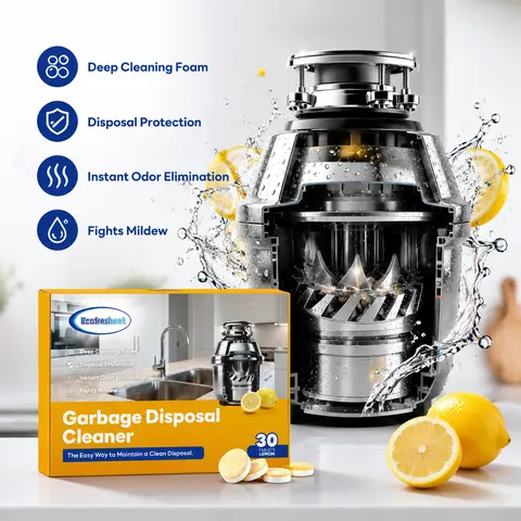 Household Kitchen Garbage Disposal Cleaning Tablets - 30-Pack 1-Year Supply Box, Septic-Safe Eco-Friendly Drain Cleaner, Lemon Fragrance Foaming Antimicrobial Residue Remover, Mildew-Proof Odor Eliminator