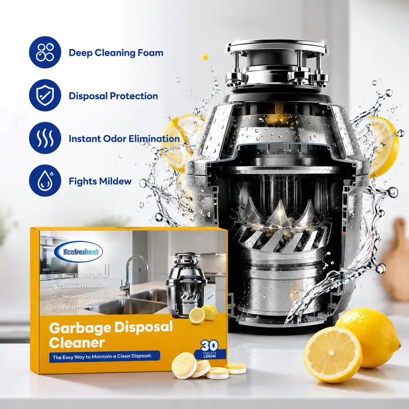 Household Kitchen Garbage Disposal Cleaning Tablets - 30-Pack 1-Year Supply Box, Septic-Safe Eco-Friendly Drain Cleaner, Lemon Fragrance Foaming Antimicrobial Residue Remover, Mildew-Proof Odor Eliminator