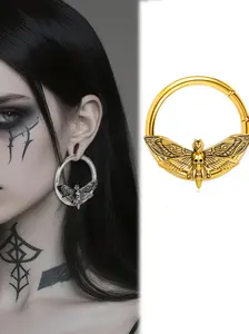 vanku 1pc 316L Stainless Steel Death Moth Skull Clicker Hoops, Hypoallergenic Gothic Dangle Earrings, Gold/silver/, for All Seasons