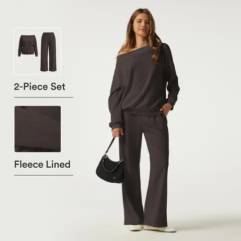 【Creator’s Pick】Halara 2-Piece Set Long Sleeve Casual Sweatshirt & High Waisted Wide Leg Fleece Casual Sweatpants with Pockets