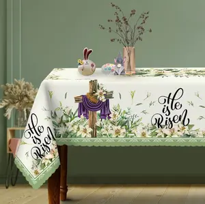 Easter Floral Tablecloth with Elegant Cross Design – Premium Spring Holiday Polyester Table Cover, Rectangular, for Kitchen Dining Party & Home Decor