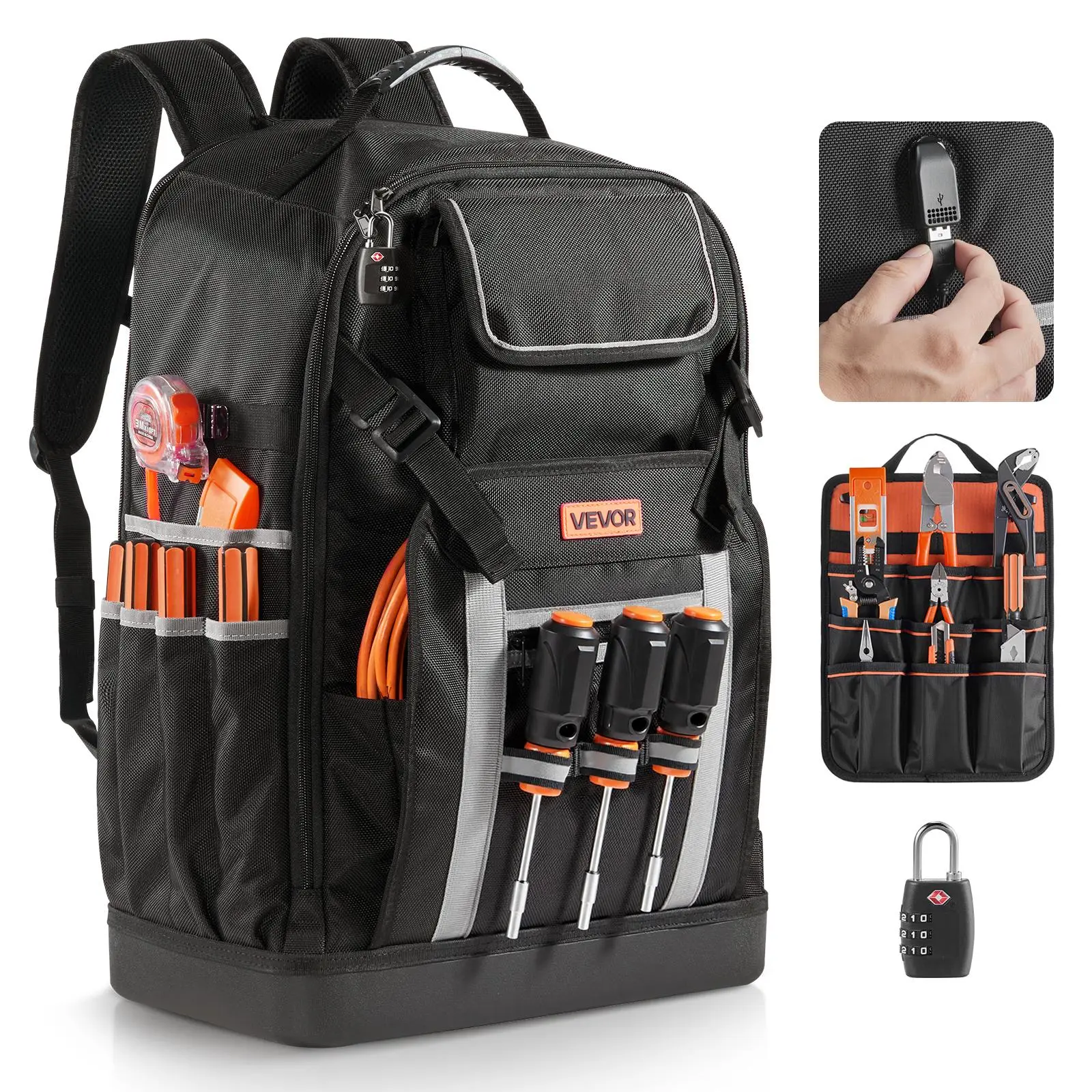 【toolupgrade】VEVOR Heavy-Duty Tool Backpack with Combination Lock, Charging Port & Top Handle, 56-Pocket Organizer Tool Bag with Molded Base, Portable Storage for Electrician Jobsites